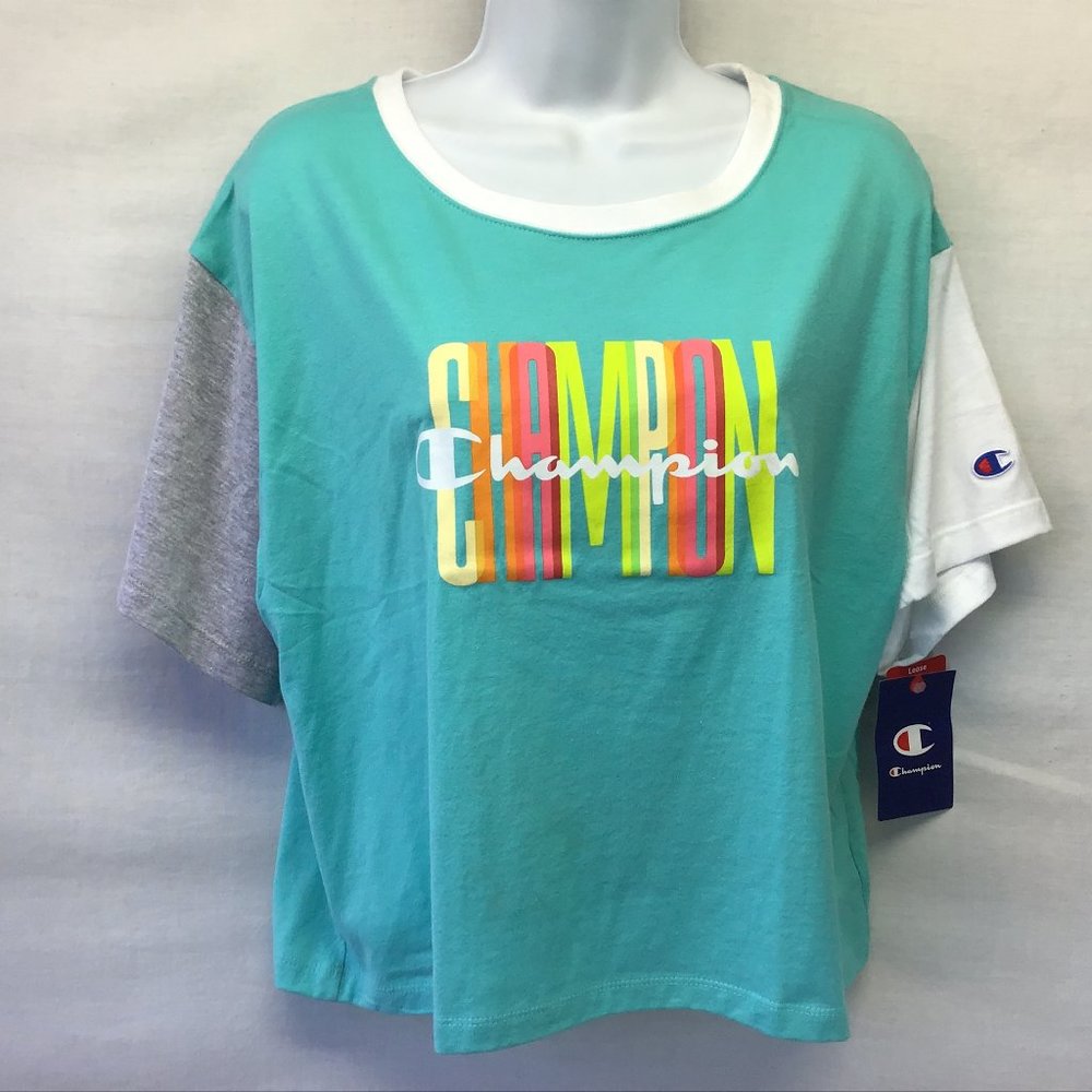 Champion Cropped Top Tee Blue Whit Grey Colorblock SS Popover Tee NWT Large